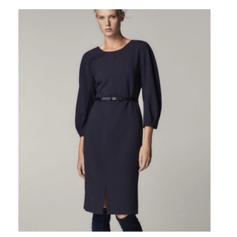 Massimo Dutti Navy Midi Dress 3/4 Sleeve Scoop Neck V-neck in back Knee Length 6